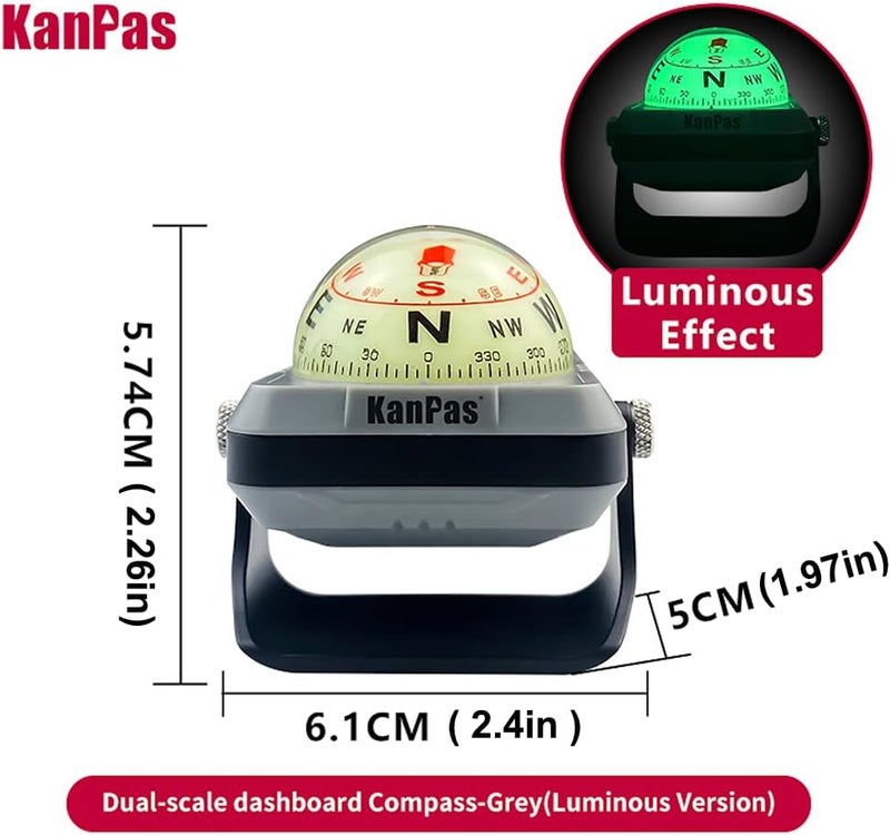 KanPas V-39-L Dashboard Ball Compass for Car with Double Dials Luminous Capsule Adjustable Holder - Image 3